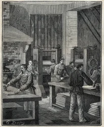 Goldschmied: Vorbereitung der Platte, Vorbereitung des Metalls für die Ausführung einer speziellen Silberware. Gravur von 1885 in „Les arts et métiers illustrés“ von Adolphe Bitard.