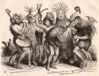 Gruppe brasilianischer Wilder tanzt mit Kostümen, Masken und traditionellen Kopfbedeckungen