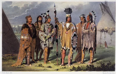 Gruppe von sechs Indianerhäuptlingen - in "Wanderungen eines Künstlers unter den Indianern Nordamerikas" von Paul Kane, Longmans & Roberts, London