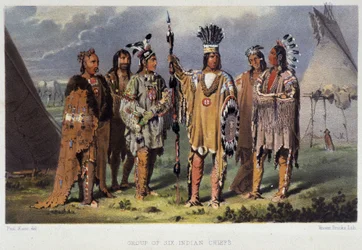 Gruppe von sechs Indianerhäuptlingen - in „Wanderings of an Artist among the Indians of North America“ von Paul Kane, Longmans & Roberts, London