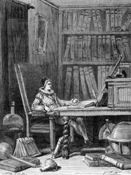 Guillaume Gilbert (1540 - 1603) schreibt um 1600 seine Abhandlung „De arte magnetica“. Gravur 19. Jahrhundert