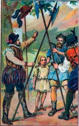 Wilhelm Tell (legendärer Held der Schweizer Unabhängigkeit) weigerte sich, vor dem Hut zu salutieren. Chromolithographie aus dem späten 19. Jahrhundert.