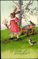 Frohe Ostern, Osterhase zieht Wagen, Ostereier, Spatzen