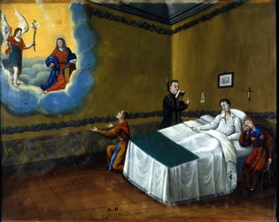 Heilung einer kranken Person. Ex-Voto von 1840 aus dem Heiligtum Maria delle Grazie di Monza