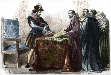 Heinrich IV. (1553-1610) unterzeichnet das Edikt von Nantes am 13. April 1598