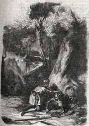 Hermonides wird von Zerbin umgestürzt und gerettet - Gravur von 1851 aus „Roland der Rasende“ (Orlando furioso) (16. Jahrhundert) von Ludovico Ariosto, bekannt als der Ariosta - Ausgabe, übersetzt aus dem Italienischen von Graf von Tressan und veröffentlic