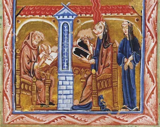 Hildegard von Bingen empfängt eine Vision in Anwesenheit ihres Sekretärs Volmar und ihrer Vertrauten Richardis