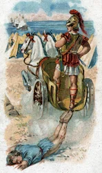 Geschichte aus dem Leben des Achilles, des legendären Helden des Trojanischen Krieges: Achilles schleift Hektors Leichnam hinter seinem Streitwagen her. Chromolithografie von 1890.