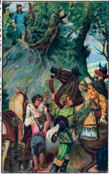 Geschichte von Wilhelm Tell (legendärer Held der Schweizer Unabhängigkeit): der Tod von Gessler. Chromolithographie aus dem späten 19. Jahrhundert.
