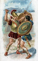 Geschichte aus dem Leben des Achilleus, des legendären Helden des Trojanischen Krieges: Achilleus kämpft gegen Hektor, um den Tod des Patroklos zu rächen. Chromolithografie von 1890.
