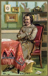 Honoré de Balzac (1799 - 1850) in seinem Büro. Chromolithografie des 19. Jahrhunderts.