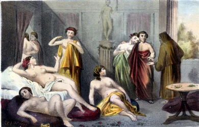 Haus im antiken Griechenland. Gravur des 19. Jahrhunderts.