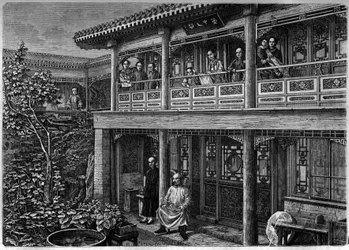 Haus eines wohlhabenden chinesischen Kaufmanns; Gravur in „The Youth Journal“