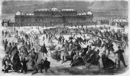 Eislaufen auf dem Belvedere-Platz in Wien im Jahr 1864.