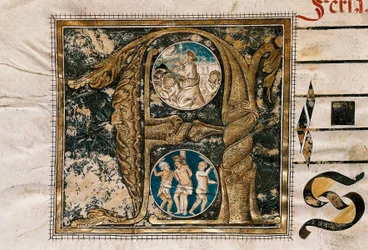 Illuminierter Buchstabe der Predigt Jesu vor den Aposteln und der Geißelung, aus einem Manuskript liturgischer Lieder