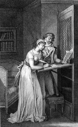 Illustration des Buches „Gefährliche Liebschaften“ von Choderlos De Laclos (1741 - 1803). Gravur aus dem frühen 19. Jahrhundert