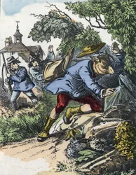 Illustration des Märchens „Gute Mama Schaf“. In „Märchen aus dem Heim für die Kleinen“. Anonyme Gravur des 19. Jahrhunderts.