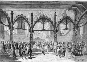 Imperial Theatre der Komischen Oper: Szene IV, Akt II der Oper „Der erste Tag des Glücks“ von Daniel François Esprit Auber (1782-1871). Gravur in „The Illustrious Universe“