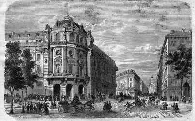 Einweihung des neuen Théâtre du Vaudeville in Paris, an der Ecke des Boulevard des Capucines und der Chaussée d