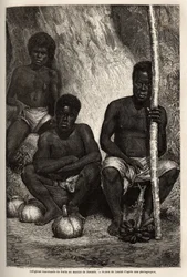 Einheimischer Obstverkäufer, auf dem Markt von Noumea (Neukaledonien). Gravur zur Illustration der Reise nach Neukaledonien von 1863 bis 1866, von Jules Garnier, Bergbauingenieur, in „Le tour du monde, nouveau journal des voyages“ veröffentlicht unter der 