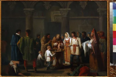 Kindstaufe, Anonym. Öl auf Leinwand, frühes 19. Jahrhundert, Staatliches Museum von A.S. Puschkin, Moskau