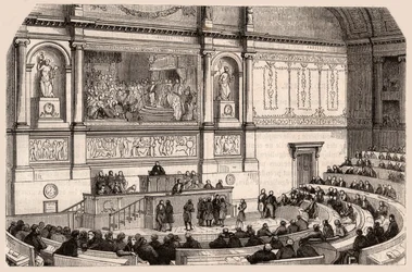 Innenansicht der Nationalversammlung bei einer Sitzung der Abgeordnetenkammer, Paris, Frankreich