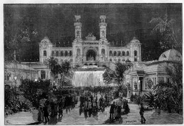 Internationale Ausstellung von Nizza: der mit elektrischem Licht beleuchtete Ausstellungspalast. Stich in „Le Monde Illustré“