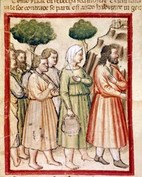 Isaak und seine Familie leiden unter Hungersnot und wandern in die Länder von König Abimelech aus. Miniatur aus Codex 212 (oder Padovano Codice oder Bibel von Padua) 1390-1400 Rovigo, Accademia dei Concordi