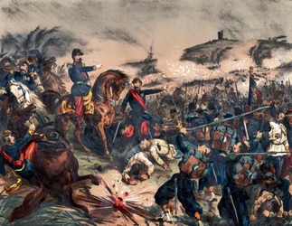 Italienfeldzug von 1859 oder Zweiter Italienischer Unabhängigkeitskrieg: Napoleon III. (1808-1873) in der Schlacht von Solferino, 24. Juni