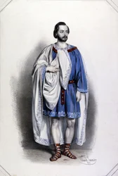 Italienischer Tenor Gaetano Fraschini (1816 - 1887) als Foresto in Giuseppe Verdis „Attila“. Farblithographie von Eduard Kayser