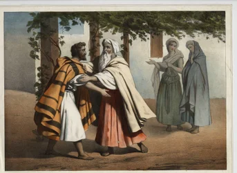 Jakob, der vor der Rache seines Bruders Esau floh, wurde von Laban empfangen. Anonyme Gravur aus dem 19. Jahrhundert.