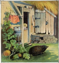 Jacques beobachtet einen Igel, der den Hof seines Hauses überquert. Chromolithographie aus „Szenen enfantines“, ed. Guerin - Muller um 1885