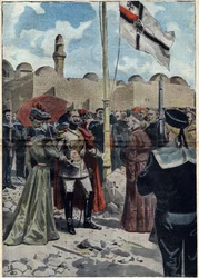 Jerusalem - Allerheiligen 1898: Wilhelm II., Kaiser von Deutschland und König von Preußen, nimmt das Land der „Dormition“ in Besitz, nahe dem Abendmahlssaal, für seine katholischen Untertanen, vor Monsignore Luigi Piavi, Patriarch von Jerusalem. Illustrati
