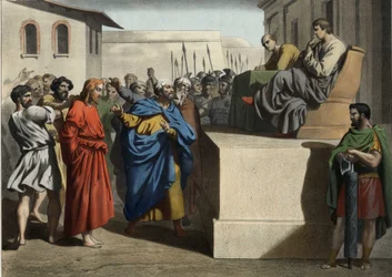 Jesus Christus vor Pontius Pilatus. Anonyme Gravur aus der Mitte des 19. Jahrhunderts
