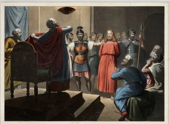 Jesus vor Kaiphas. Anonyme Gravur aus der Mitte des 19. Jahrhunderts