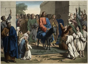 Jesu triumphaler Einzug in die heilige Stadt Jerusalem. Anonyme Gravur aus der Mitte des 19. Jahrhunderts