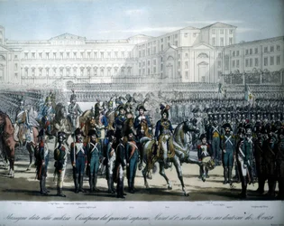 Joachim Murat (1767-1815), von Napoleon zum Marschall von Frankreich und König von Neapel ernannt, inspiziert die Truppen der Cisalpinischen Republik