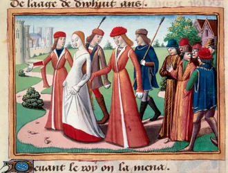 Johanna von Orléans (1412-1431) wird von Delfin Karl VII. am Hof in Chinon geführt. Miniatur aus dem Manuskript „Vigilles du roi Charles VII“ von Martial d