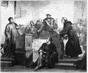 Johann Maier, bekannt als Johann Eck (1486-1543), deutscher katholischer Theologe und Martin Luther (1483-1546), deutscher protestantischer Theologe und Reformator in Pleissenburg im Jahr 1519.