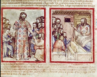Joseph, schwer krank im Alter von 110 Jahren, vergibt seinen Brüdern, die sich vor ihm niederwerfen. Miniatur aus Codex 212 (oder Padovano Codice oder Bibel von Padua) 1390-1400
