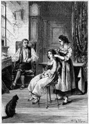 Josue Heilmann (1796-1848), ein französischer Erfinder, beobachtet, wie seine Töchter ihr Haar kämmen. Er ließ sich von dieser Szene inspirieren, um 1843 den mechanischen Kamm zu erfinden. Gravur in „La Nature: revue des sciences et de ses applications aux