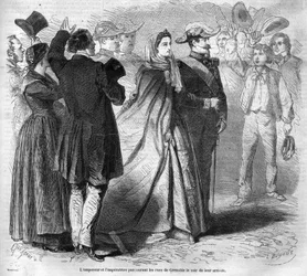 Reise von Kaiser Napoleon III (1808-1873) und seiner Frau Eugénie de Montijo (1826-1920) in das Herzogtum Savoyen nach der Annexion der Grafschaft Savoyen (März Turiner Vertrag): hier das kaiserliche Paar geht durch die Straßen von Grenoble. Gravur aus „Le