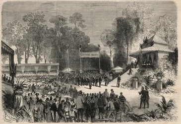Reise von Napoleon III. (1808-1883) und Kaiserin Eugenie de Montijo (1826-1920) nach Rouen: Verteilung der Preise beim Landwirtschaftswettbewerb. Gravur in „L