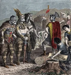 Julian und die fränkischen Häuptlinge - Treffen zwischen Kaiser Julian und den fränkischen Häuptlingen (Flavius Claudius Julianus, genannt Julian der Abtrünnige, auch Julian der Philosoph oder Julian II. oder Julian der Kaiser) - Stich aus dem späten 19. J