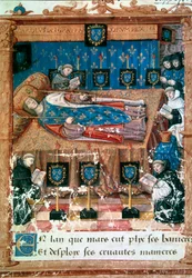 König Karl VIII. (1470-1498) auf seinem Sterbebett 8/04/1498. Miniatur aus einer Übersetzung von „L