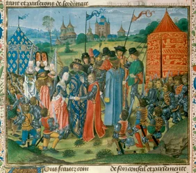 König Karl VI. übergibt seine Tochter Isabella von Frankreich an Richard II., König von England, vor der Versammlung der französischen und englischen Lords, Miniatur aus den Chroniken von Jean Froissart