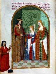 König Ferdinand II., König von Aragon und Sizilien (1452 - 1516), Johanna, Königin von Kastilien (1479 - 1555) und Isabella I. von Kastilien (genannt die Katholische), Königin von Spanien (1451 - 1504). Miniatur in „Devocionario de la Reyna Da Juana a Quie
