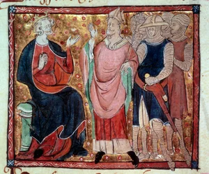 König Heinrich II. von England (1133-1189) empfängt einen Bischof und Soldaten. Miniatur aus einer Handschrift des 15. Jahrhunderts. Paris, B.N.
