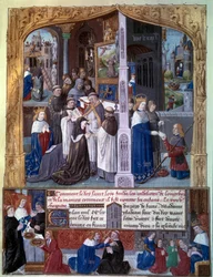 König Ludwig IX. (1214-1270) (Saint Louis) ließ 1255 die Abtei Cordeliere de Longchamp im Wald von Rouvray (Boulogne) erbauen, Szenen christlicher Nächstenliebe durch den König. Miniatur aus einem Manuskript „Das Buch der Taten von Monseigneur Saint Louis“