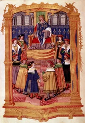 König Ludwig XI. (1423-1483) und die Ritter des Ordens vom Heiligen Michael. Miniatur aus dem Manuskript „Statuten des Ordens vom Heiligen Michael“ 15. Jahrhundert. Mailand, Biblioteca Trivulziana